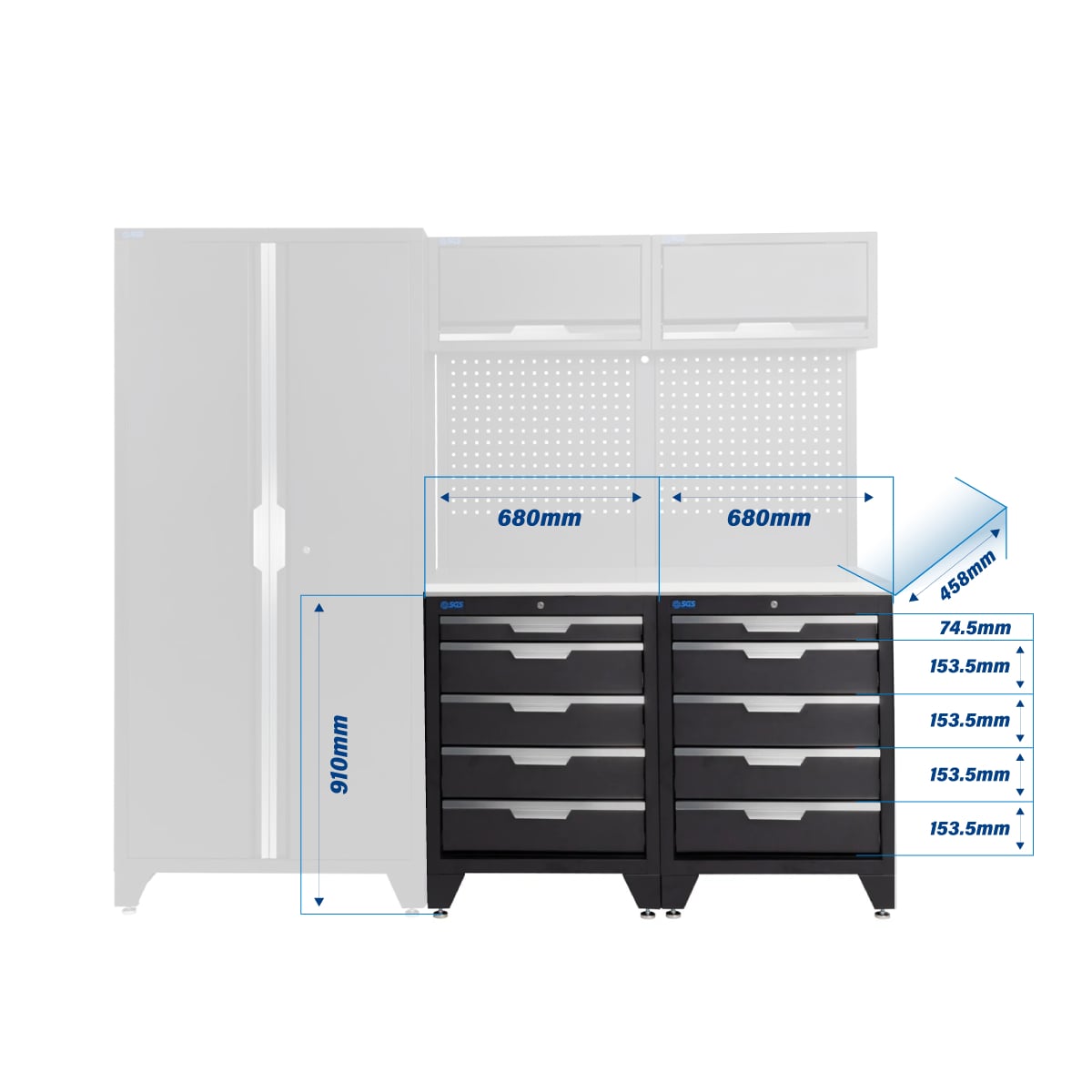 SGS 7pc Modular Garage Storage | 10 Drawers | Stainless Steel Worktop | 2x Upper Cabinets | Tall Double Cabinet